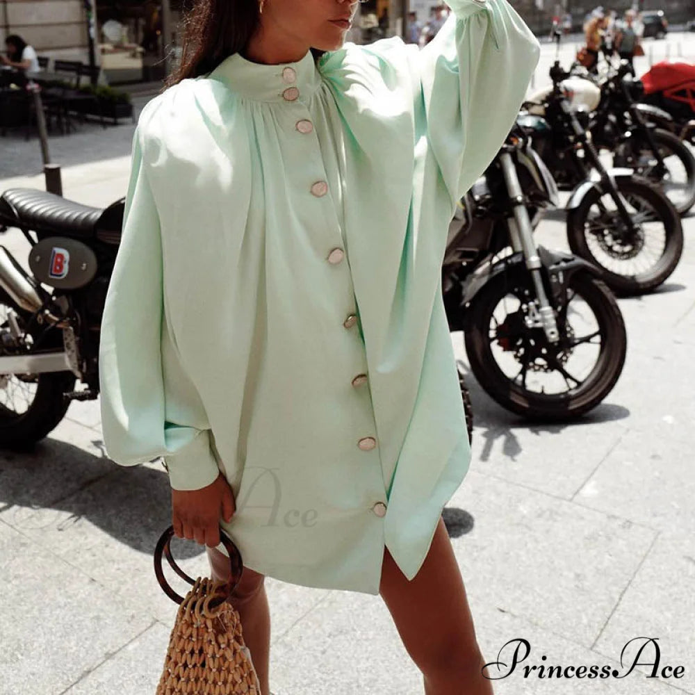 Casual Solid Color Long Sleeve Classic Button Cardigan Elegant Stand Collar Shirt 01 Light Green / S