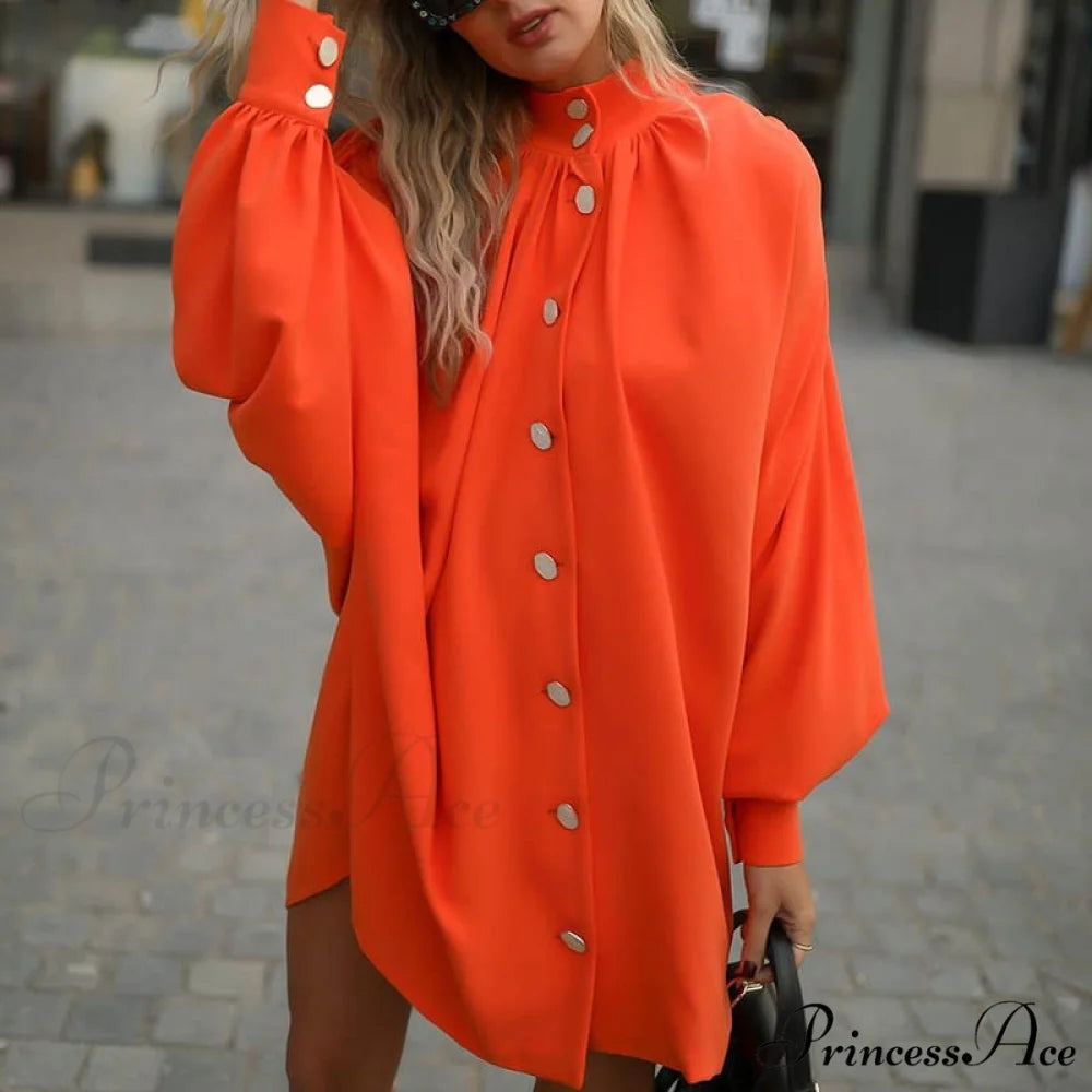 Casual Solid Color Long Sleeve Classic Button Cardigan Elegant Stand Collar Shirt 01 Orange / S