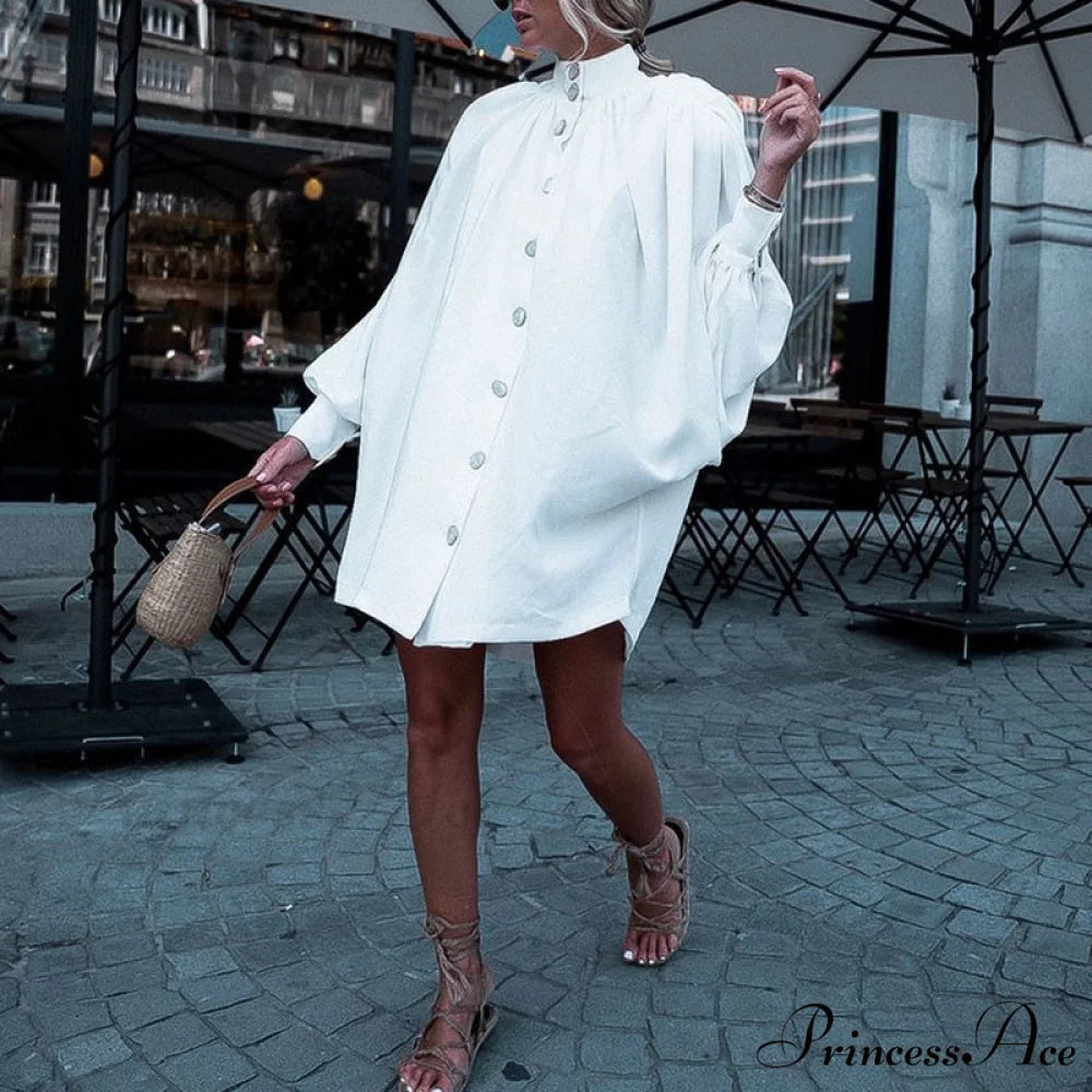 Casual Solid Color Long Sleeve Classic Button Cardigan Elegant Stand Collar Shirt 01 White / S