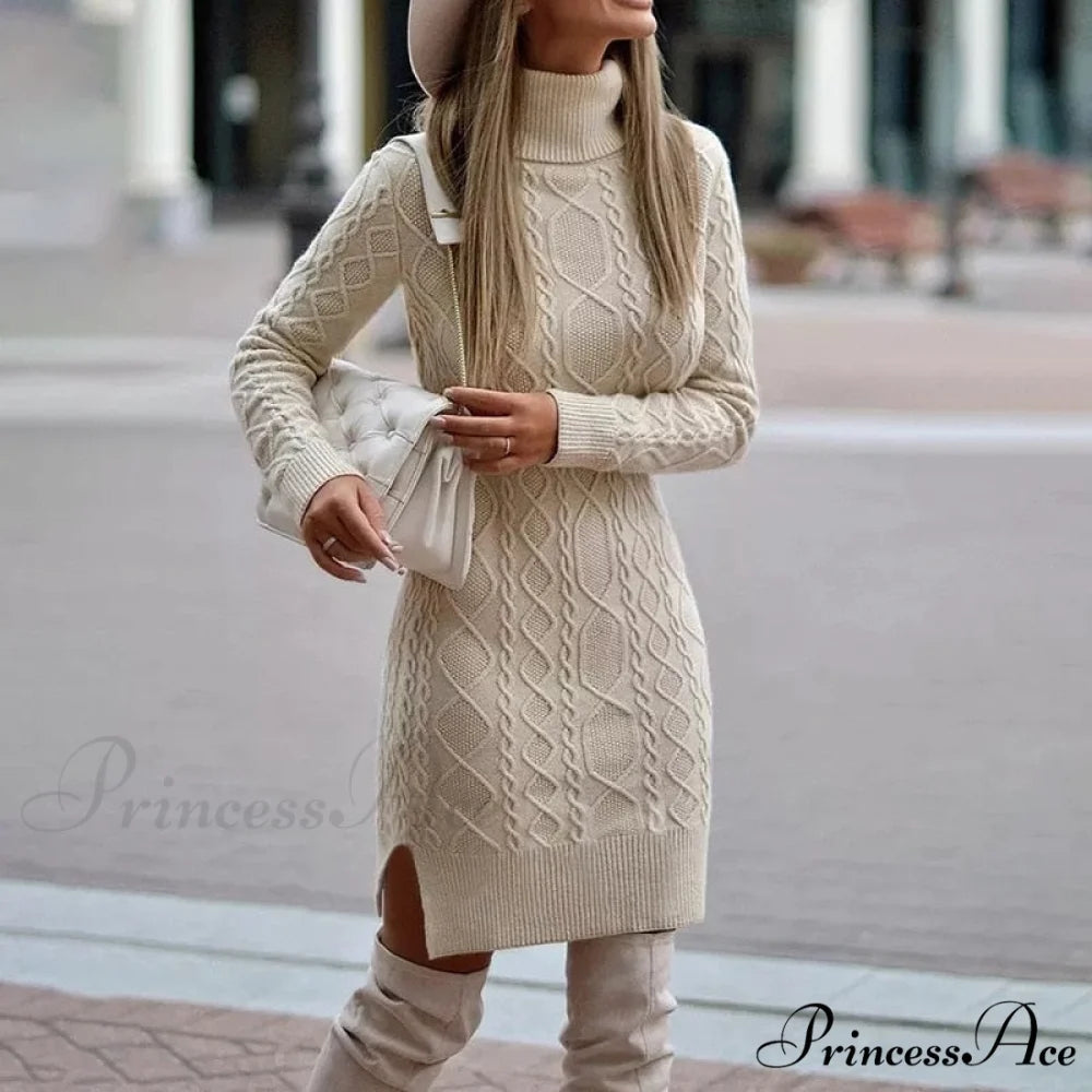 Casual Solid Color Long-Sleeved High-Neck Split Tight Dress Beige / S