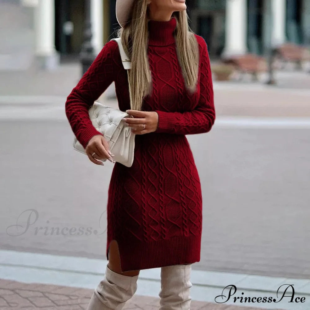 Casual Solid Color Long-Sleeved High-Neck Split Tight Dress Burgundy / S