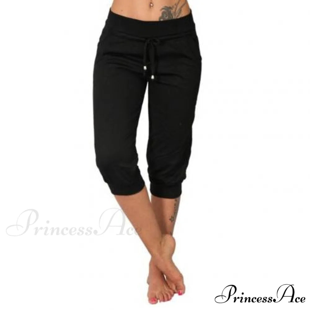 Casual Solid Color Low Rise Capri Pants Black / M