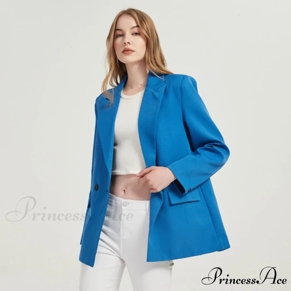 Casual Solid Color Pocket Decorative Blazer Blue / S