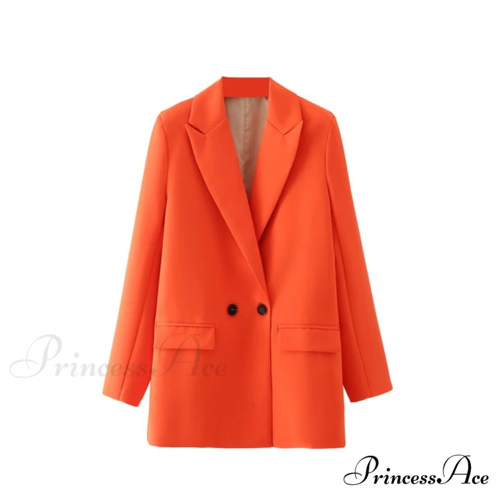 Casual Solid Color Pocket Decorative Blazer Orange / S