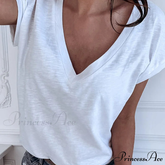 Casual Solid Color Short Sleeve V Neck T-shirt