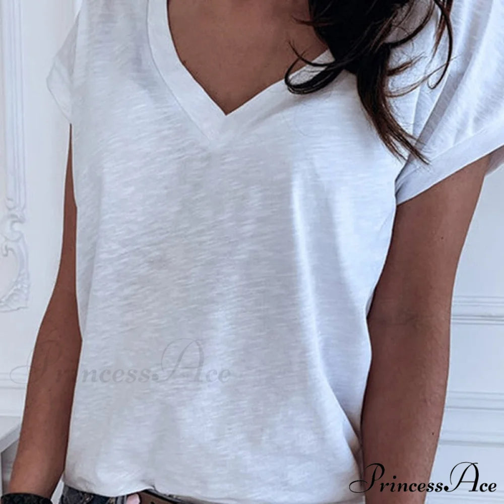 Casual Solid Color Short Sleeve V Neck T-shirt