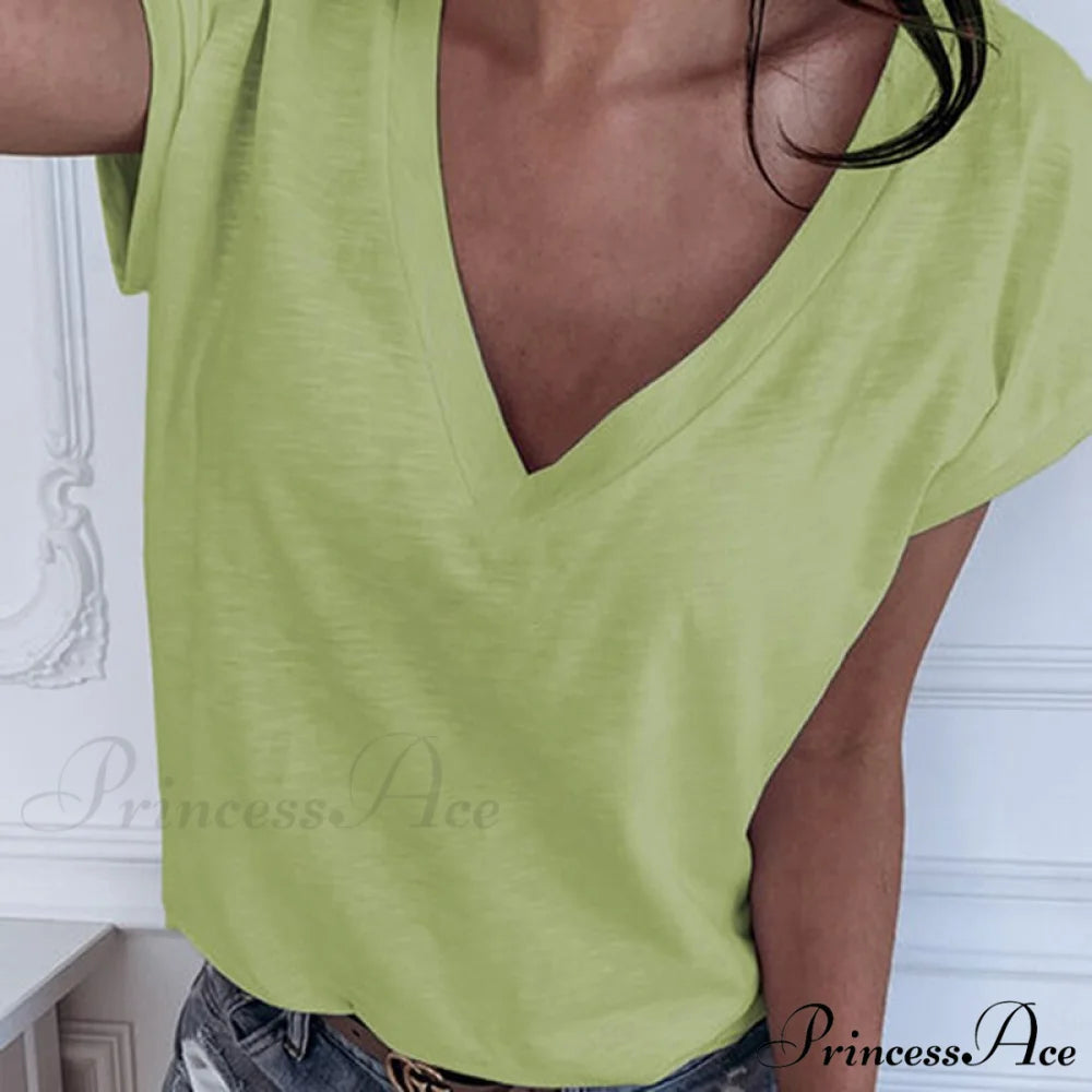 Casual Solid Color Short Sleeve V Neck T-shirt A green / S