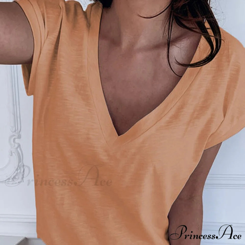 Casual Solid Color Short Sleeve V Neck T-shirt A orange / S