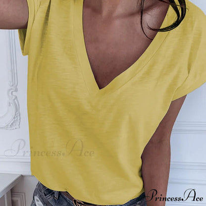 Casual Solid Color Short Sleeve V Neck T-shirt A yellow / S