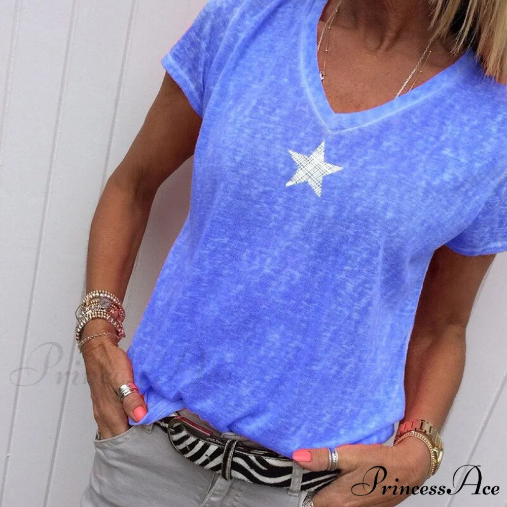 Casual Solid Color Short Sleeve V Neck T-shirt B blue / S