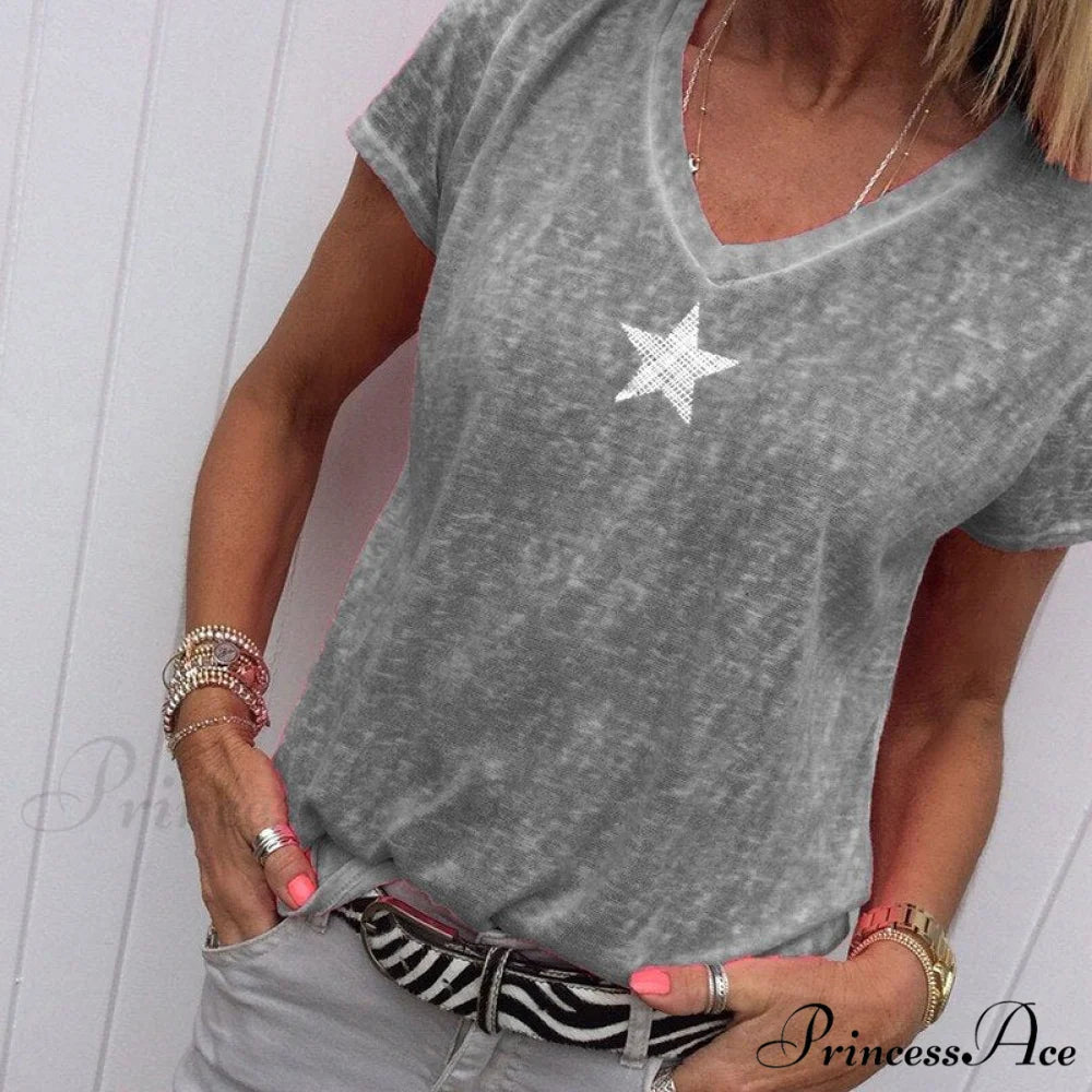 Casual Solid Color Short Sleeve V Neck T-shirt B gray / S