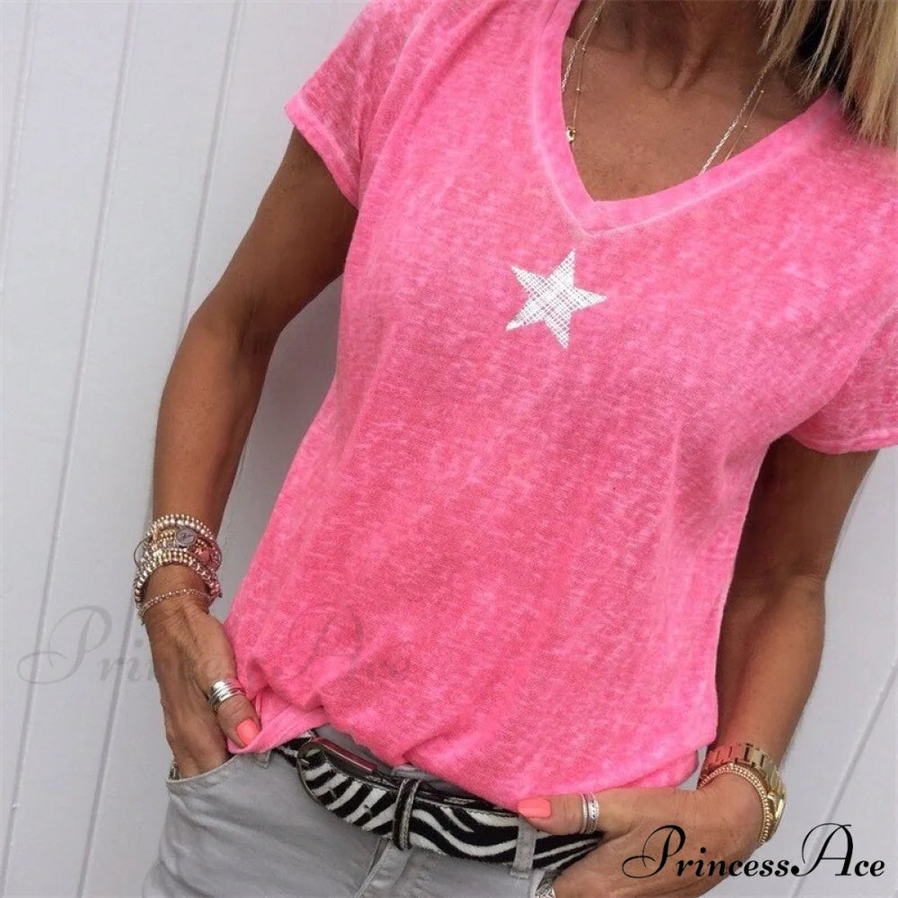 Casual Solid Color Short Sleeve V Neck T-shirt B pink / S
