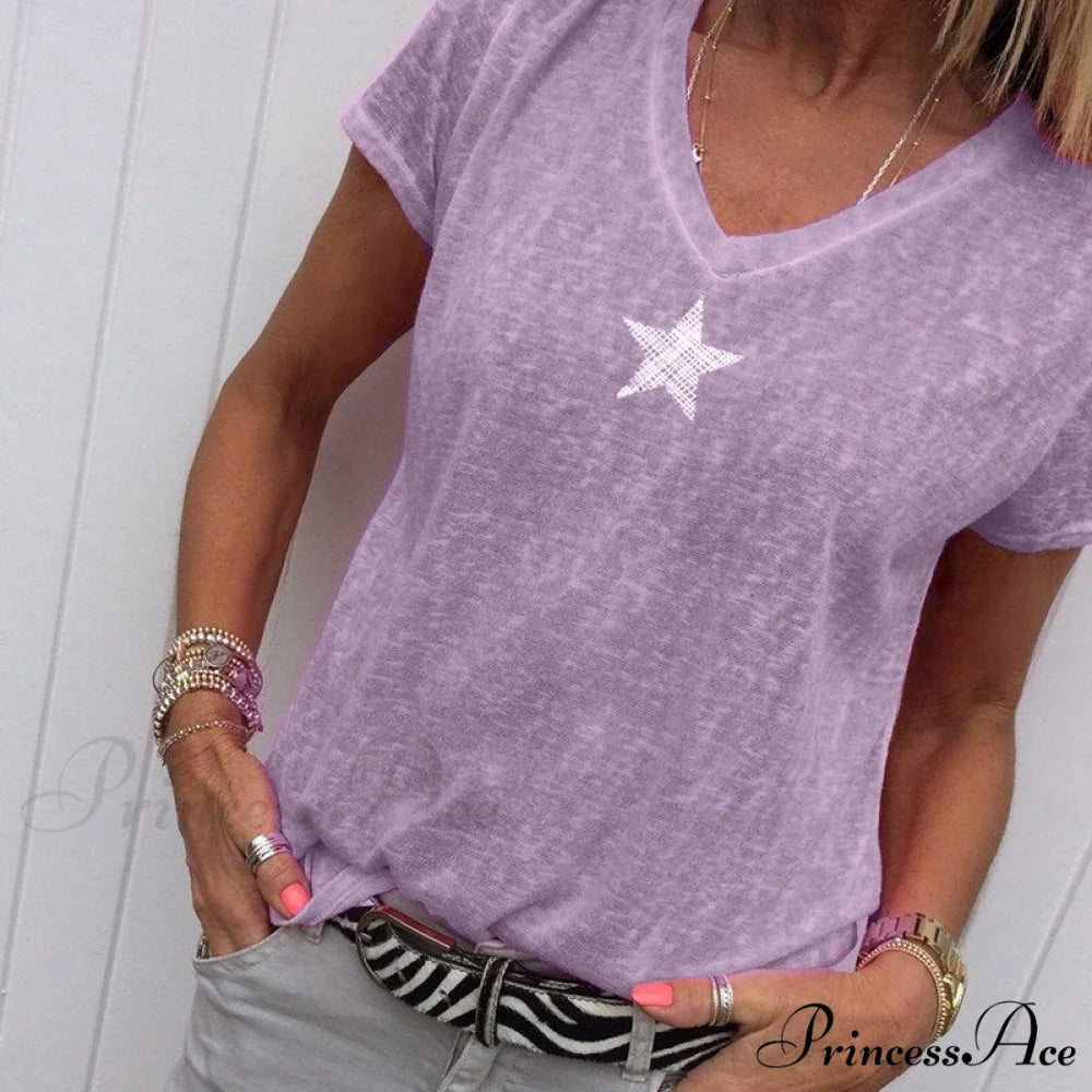 Casual Solid Color Short Sleeve V Neck T-shirt B purple / S