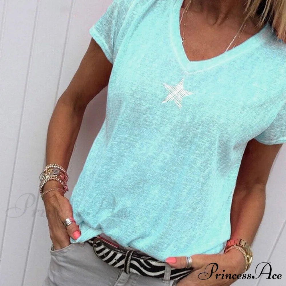 Casual Solid Color Short Sleeve V Neck T-shirt B sky blue / S