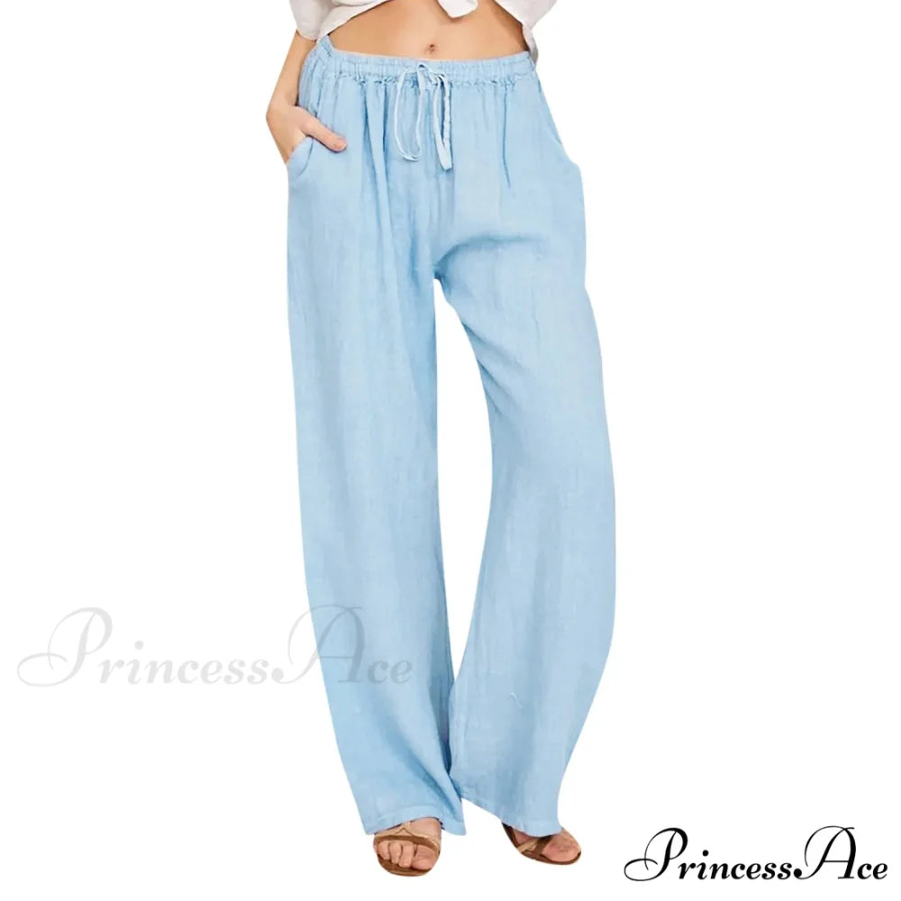 Casual Solid Drawstring Patchwork Low-Waisted Flare Spring Summer Pants Blue / S
