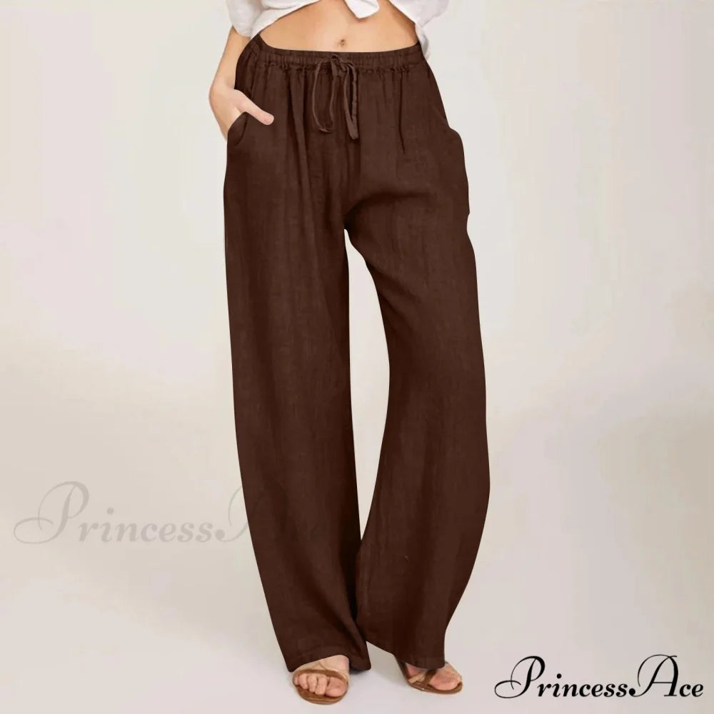 Casual Solid Drawstring Patchwork Low-Waisted Flare Spring Summer Pants Coffee / S