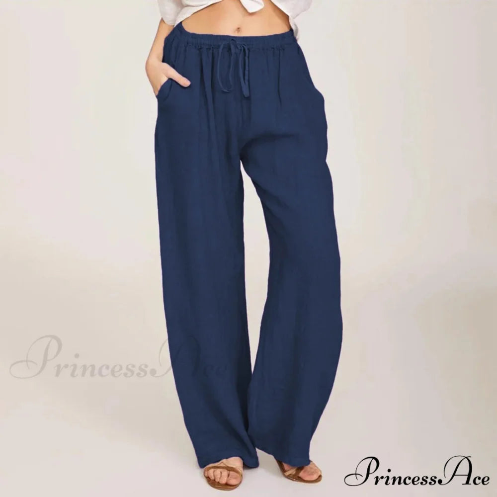 Casual Solid Drawstring Patchwork Low-Waisted Flare Spring Summer Pants Dark Blue / S