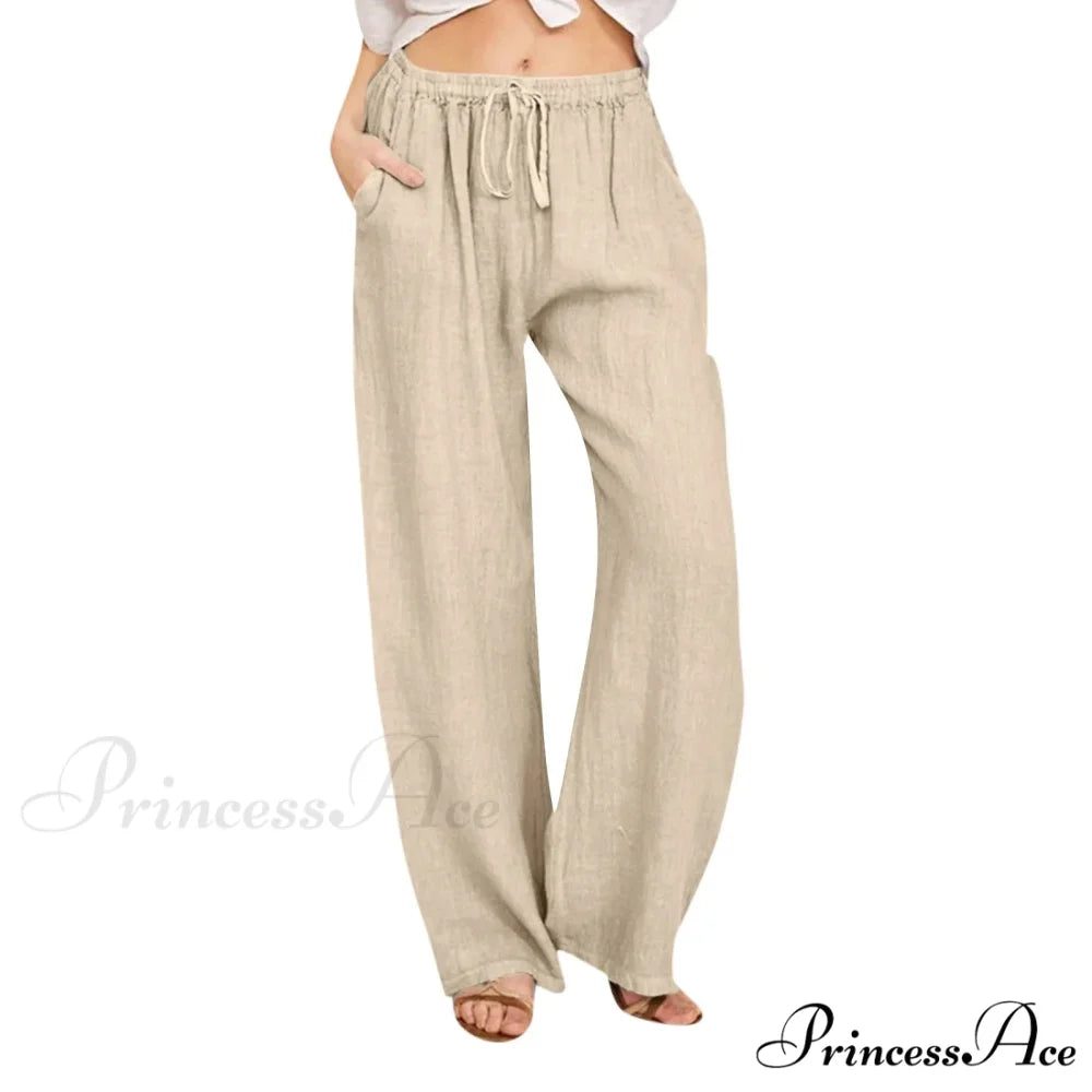 Casual Solid Drawstring Patchwork Low-Waisted Flare Spring Summer Pants Khaki / S