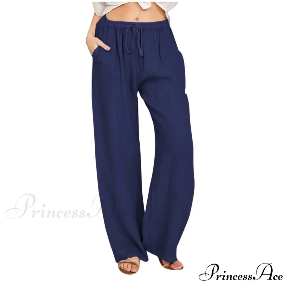 Casual Solid Drawstring Patchwork Low-Waisted Flare Spring Summer Pants Navy / S
