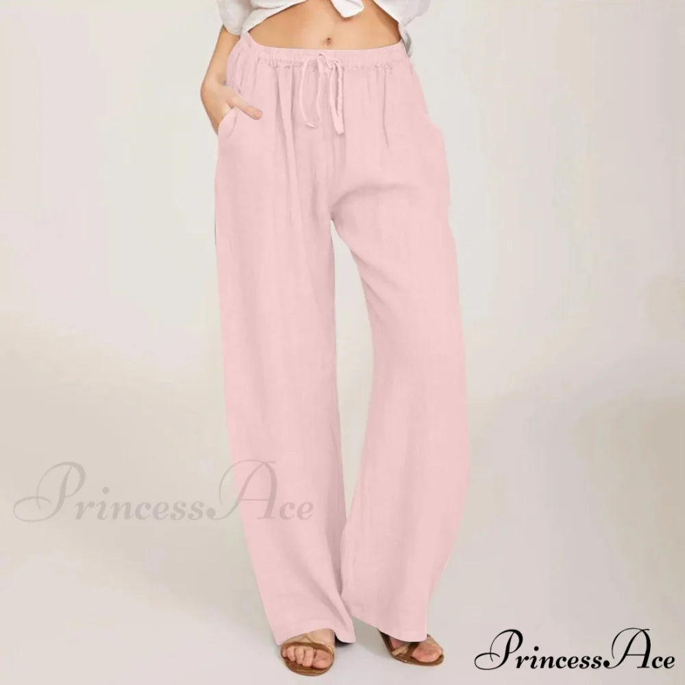 Casual Solid Drawstring Patchwork Low-Waisted Flare Spring Summer Pants Pink / S