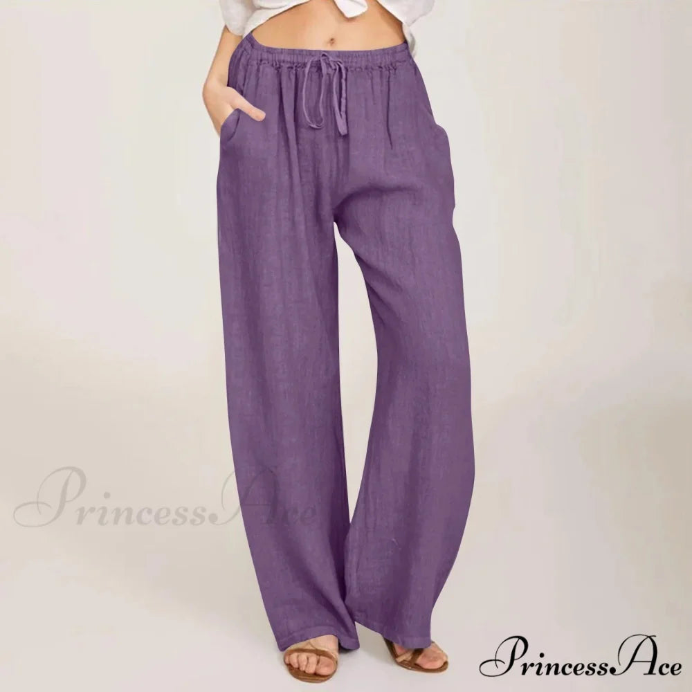 Casual Solid Drawstring Patchwork Low-Waisted Flare Spring Summer Pants Purple / S