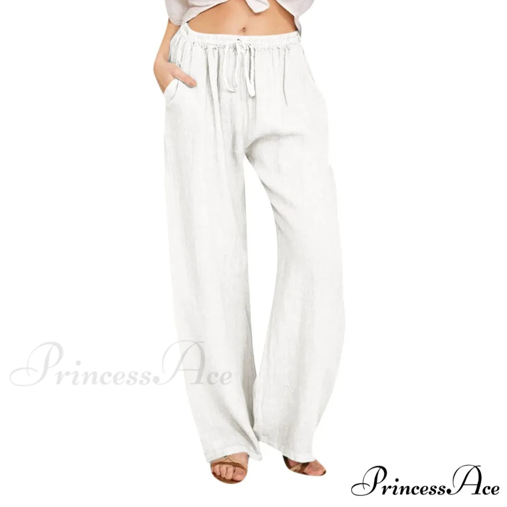 Casual Solid Drawstring Patchwork Low-Waisted Flare Spring Summer Pants White / S