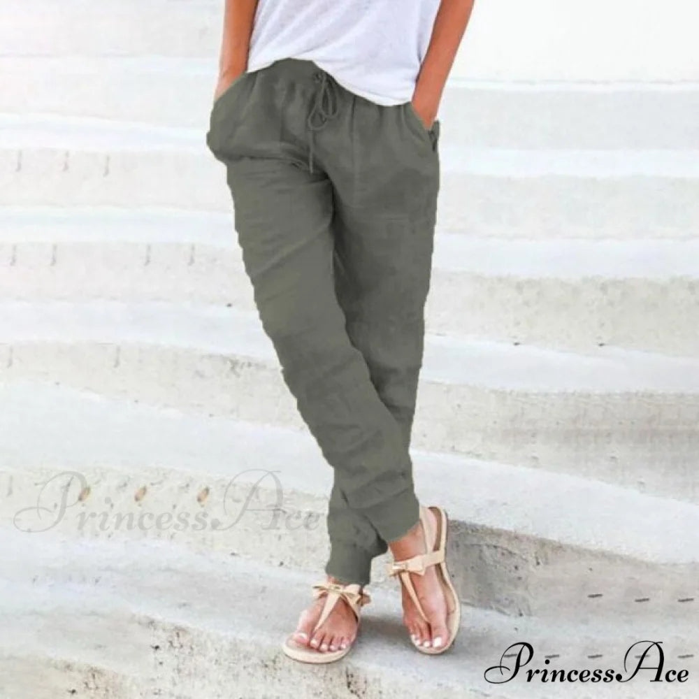 Casual Solid Elastic Waist Loose Pants dark green / S