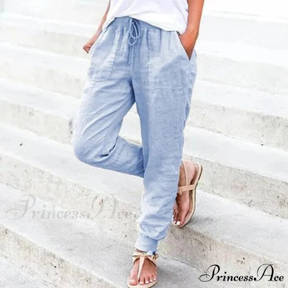 Casual Solid Elastic Waist Loose Pants light blue / S