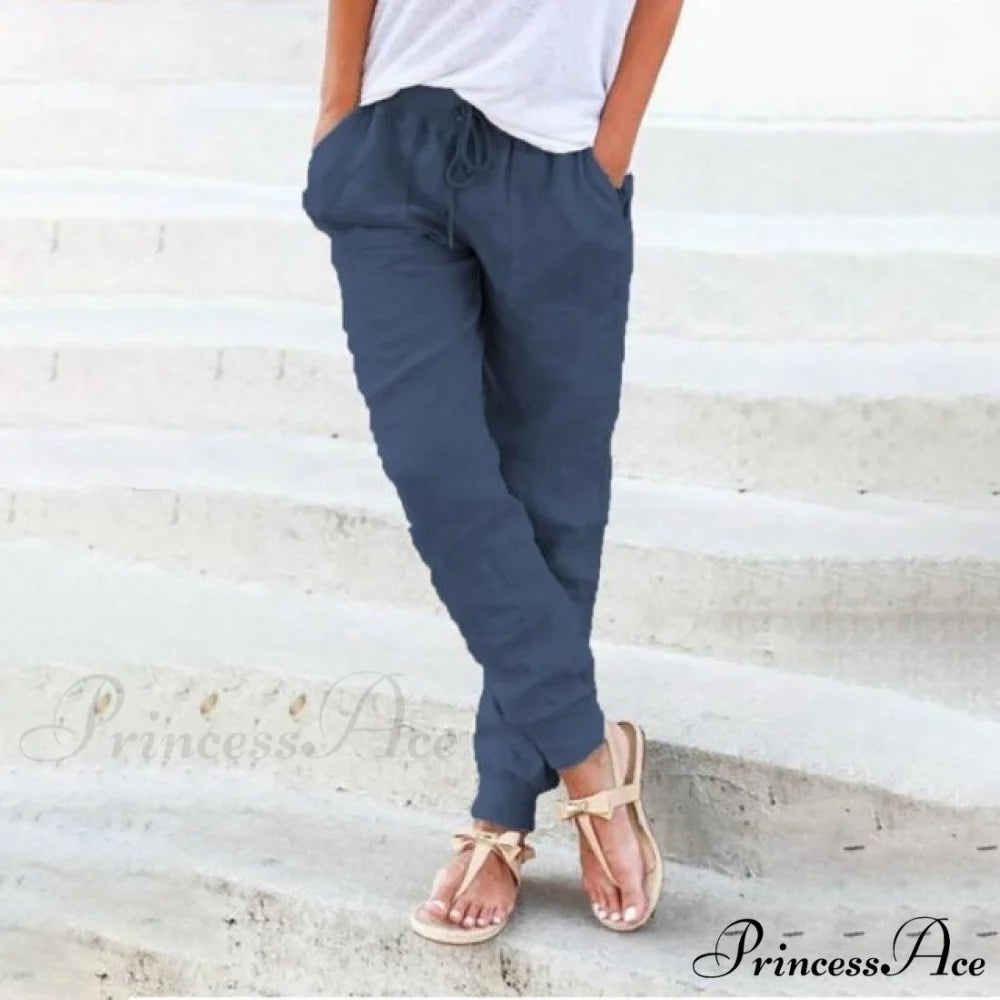 Casual Solid Elastic Waist Loose Pants navy / S