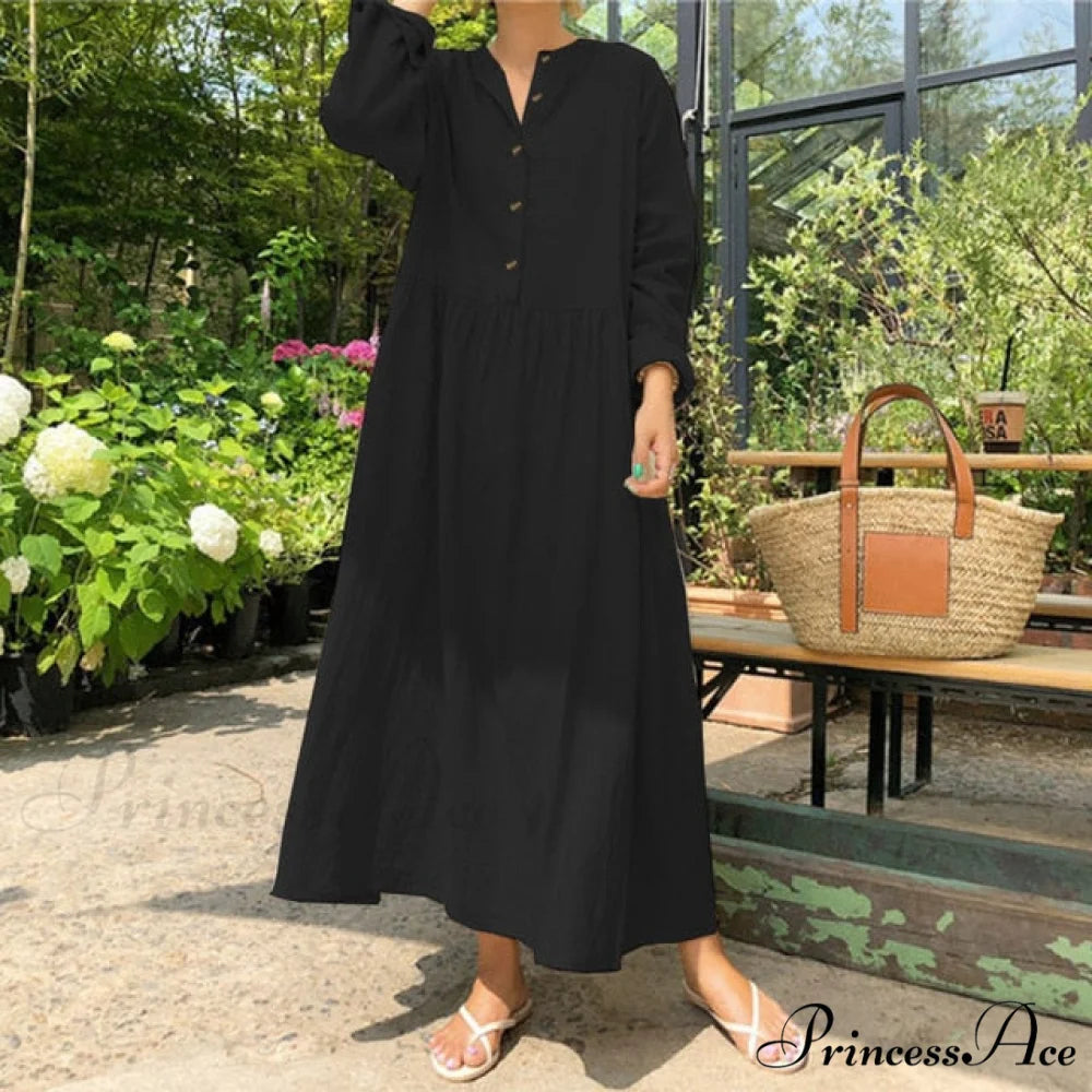 Casual Solid Long Shirt Dress black / S