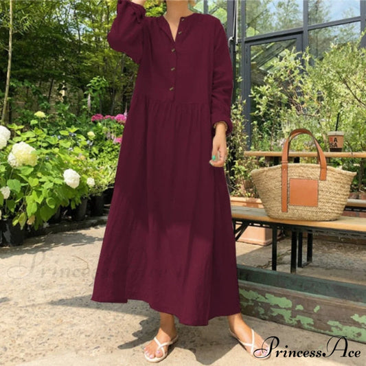 Casual Solid Long Shirt Dress Burgundy / S