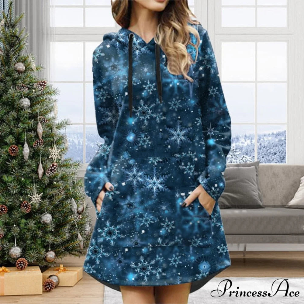 Casual Solid Printing Pullover Hooded Dresses Blue / S