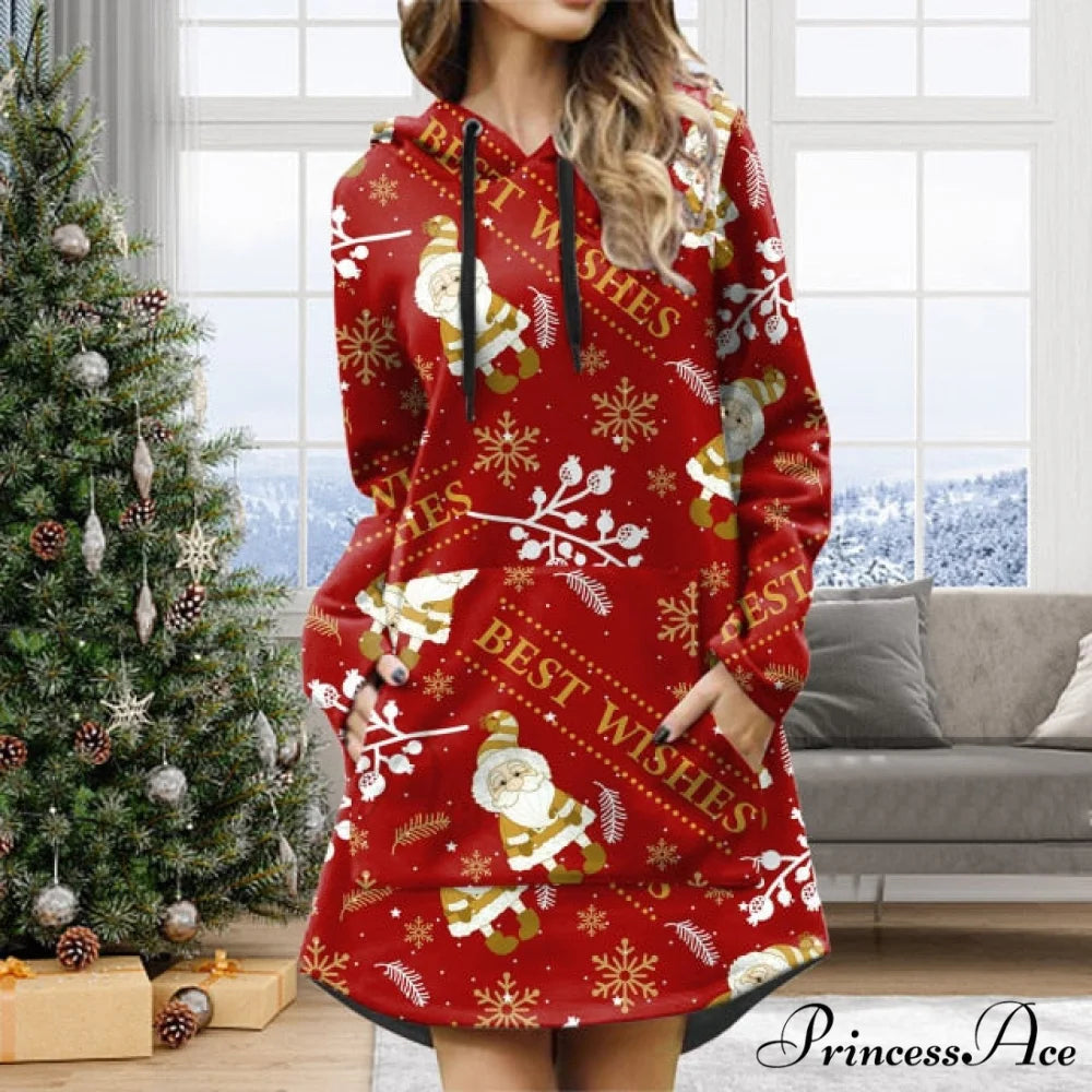 Casual Solid Printing Pullover Hooded Dresses Red / S