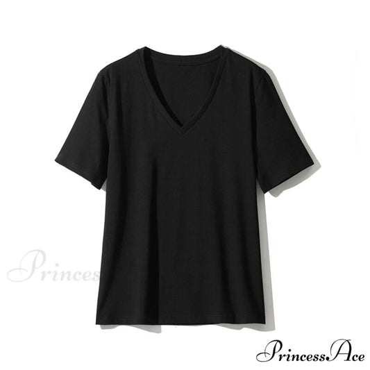 Casual Solid V-Neck T-shirt Black / S