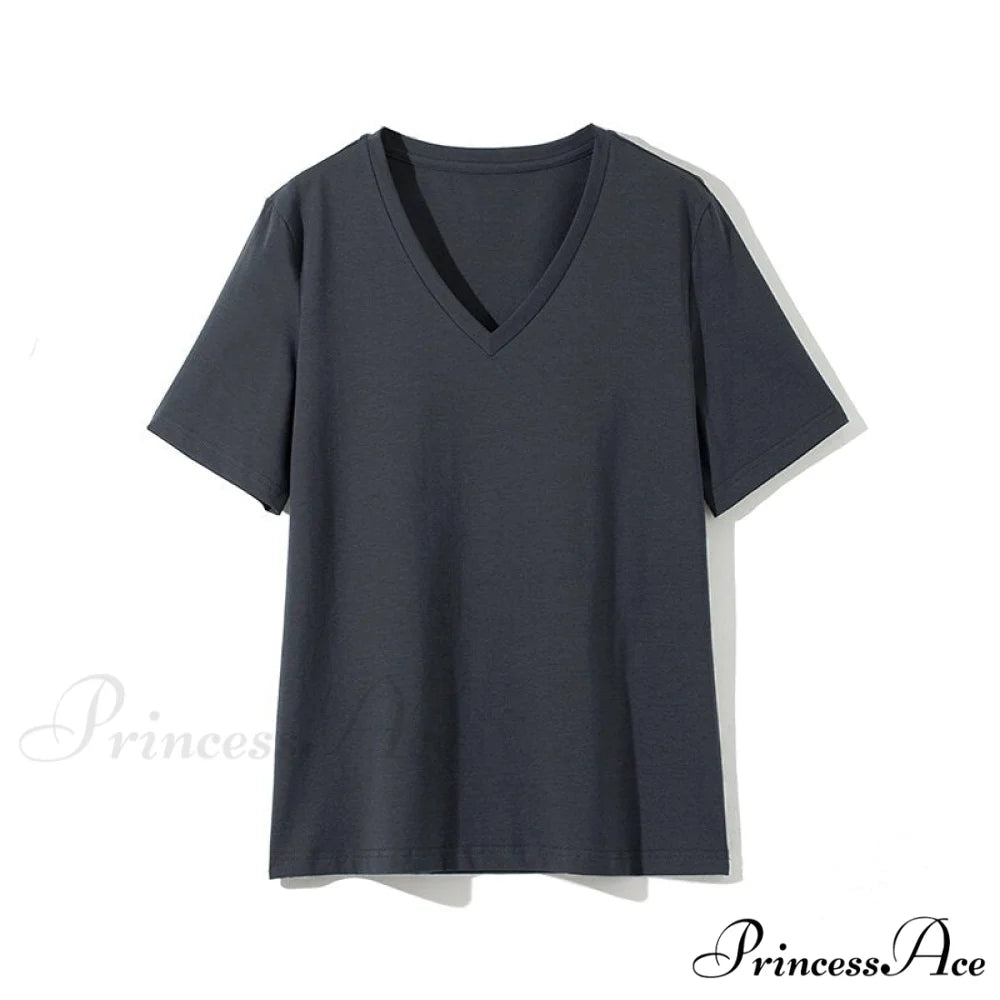 Casual Solid V-Neck T-shirt Dark Gray Blue / S