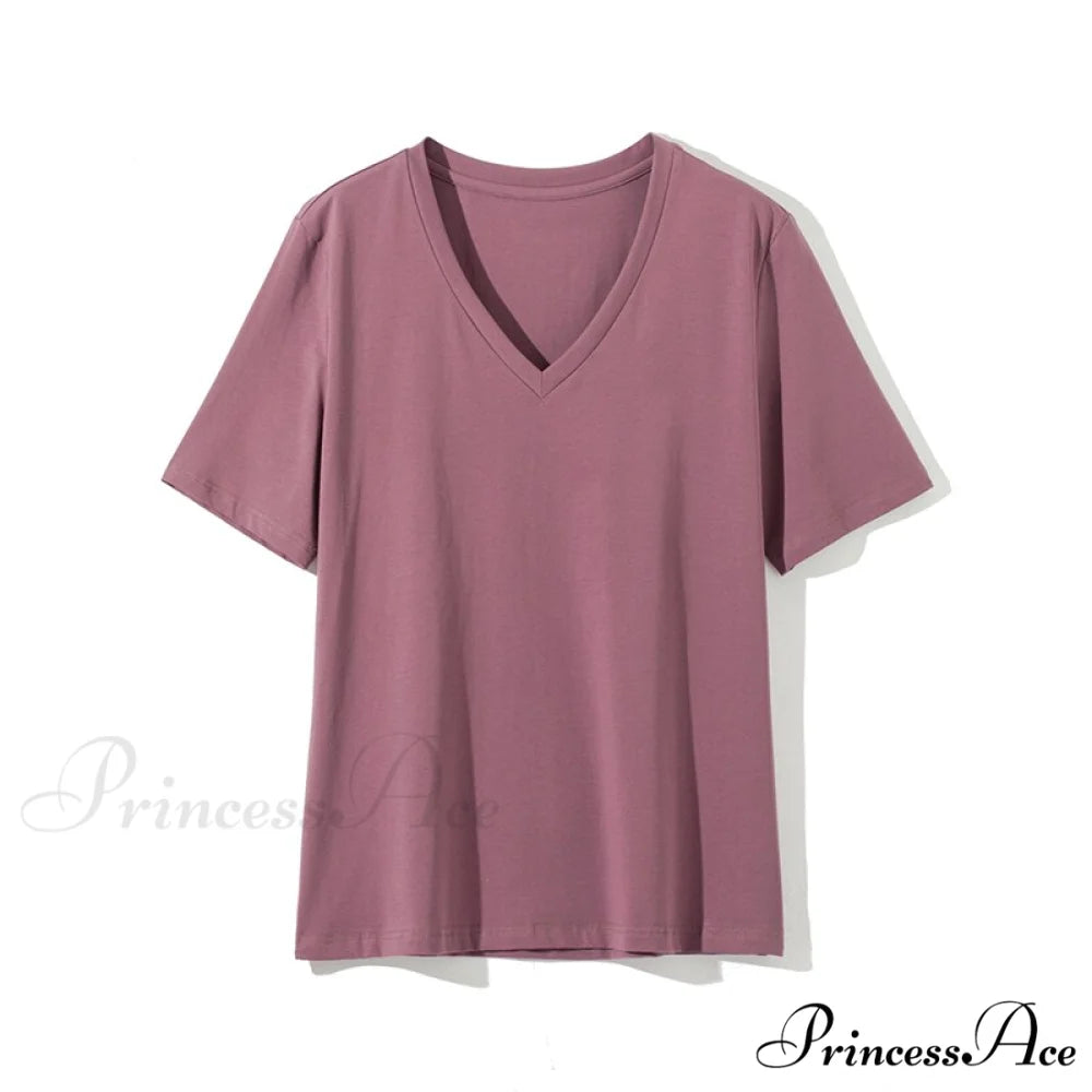 Casual Solid V-Neck T-shirt Gray Purple / S
