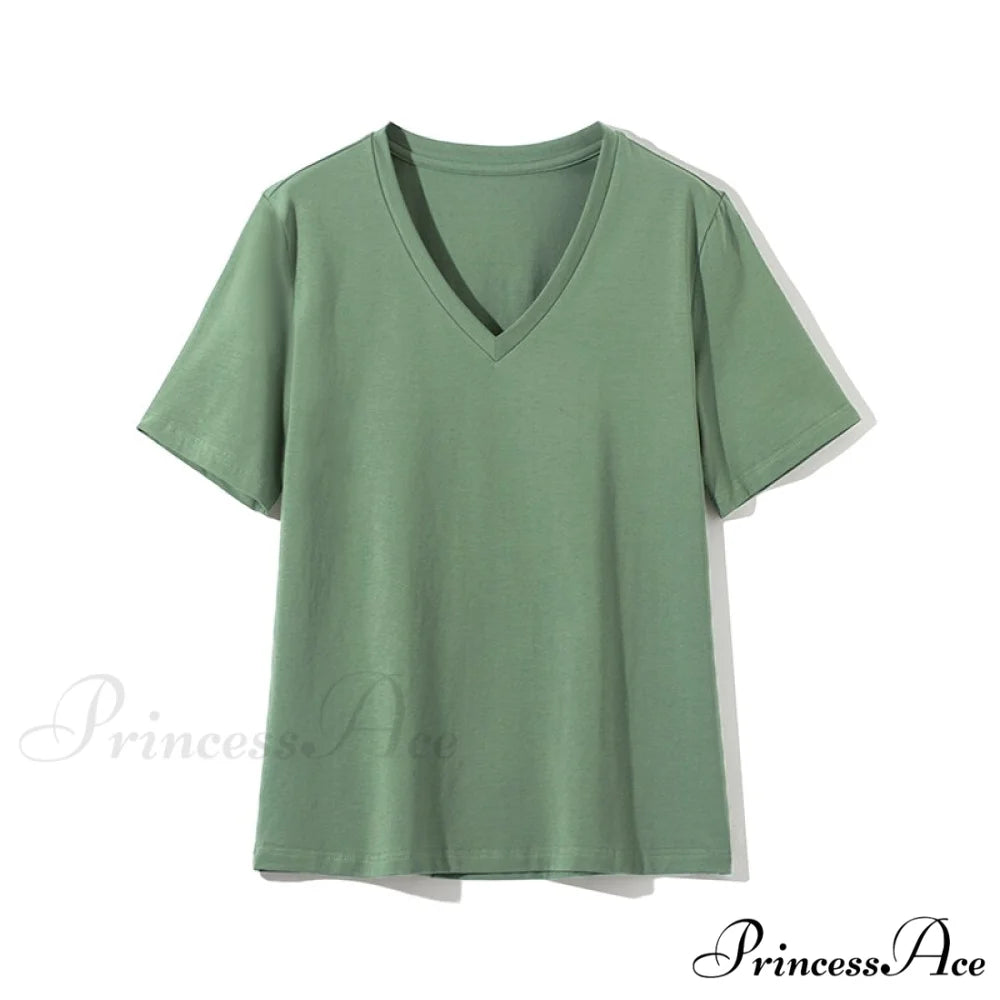 Casual Solid V-Neck T-shirt Green / S