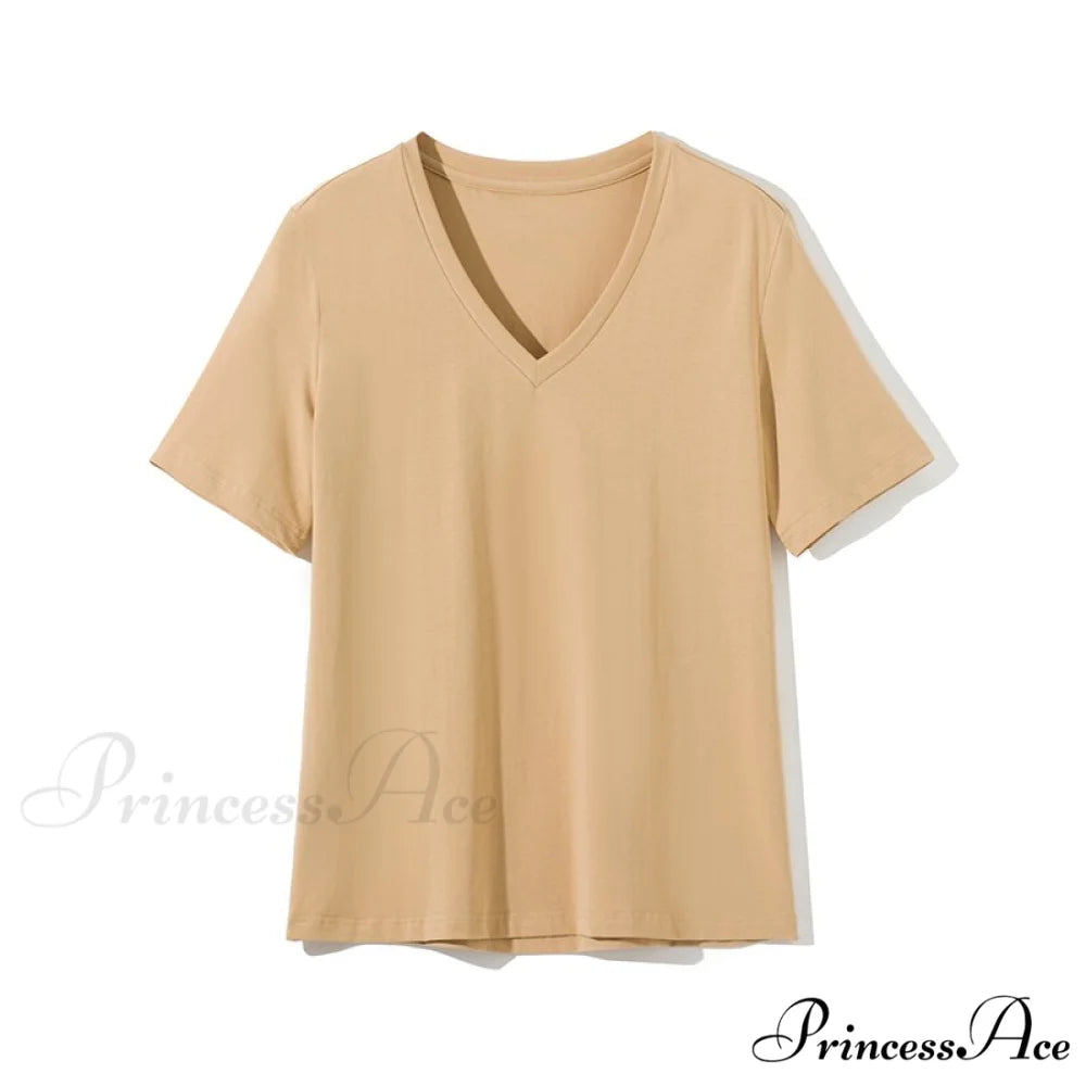 Casual Solid V-Neck T-shirt Khaki / S