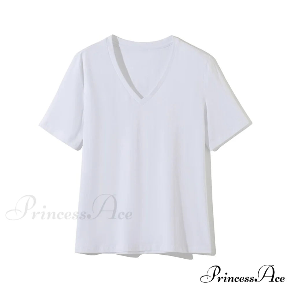 Casual Solid V-Neck T-shirt White / S