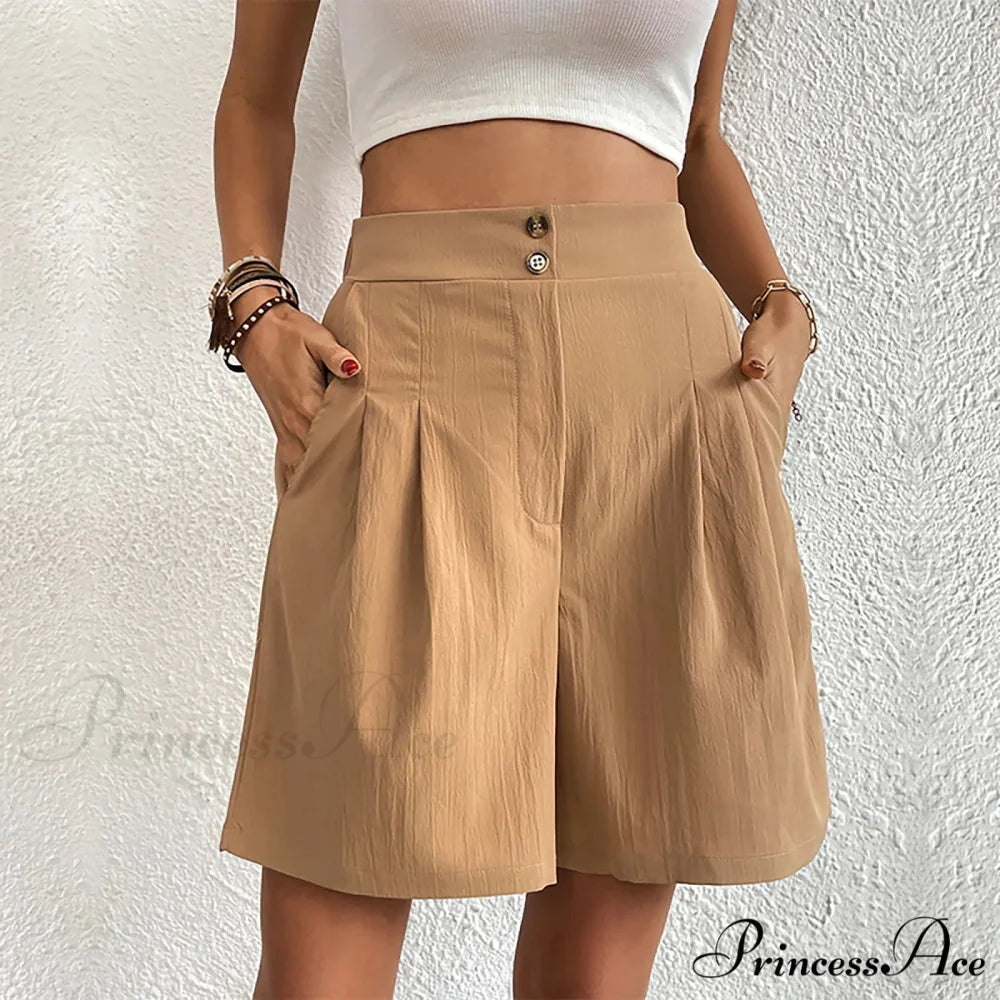 Casual Sport High Waist Pocket Summer Khaki Loose A Lined Wide Leg Short Khaki / S
