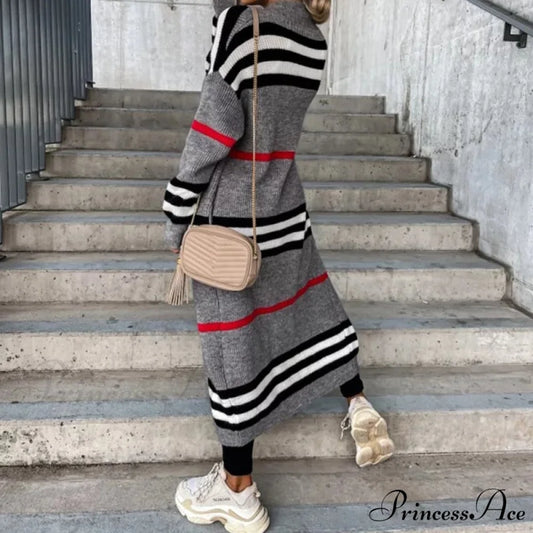Casual Striped Color Matching Knitted Long Sweaters Cardigan