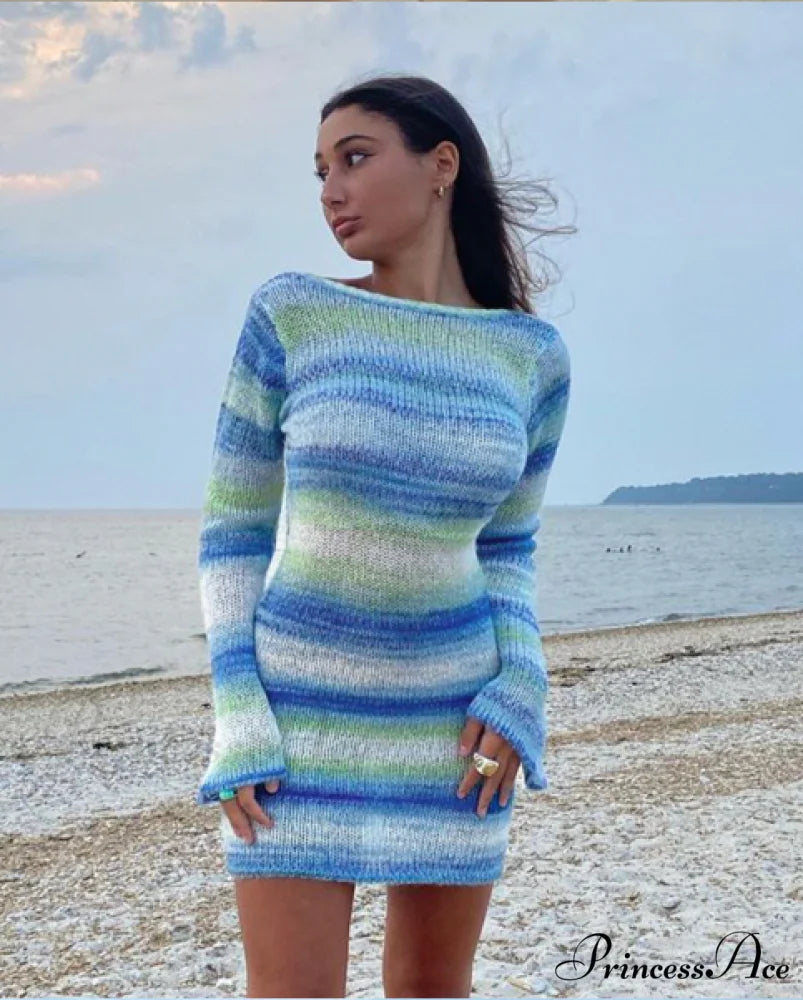 Casual Summer Stripe Knit Bodycon Dress for Women S / GREEN
