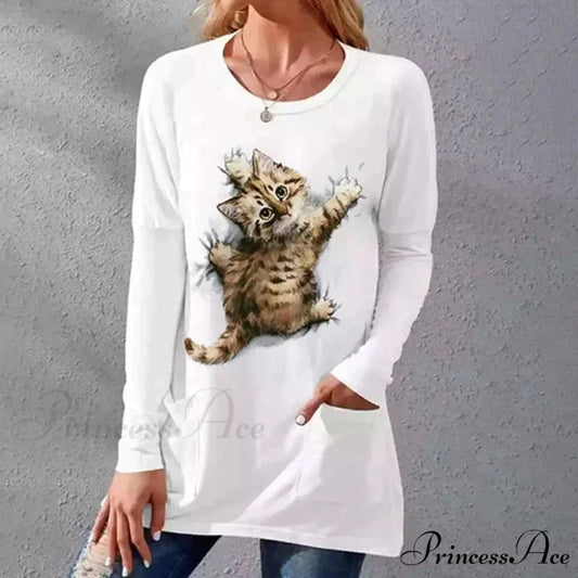 Casual T-Shirt with Cat Print White / S