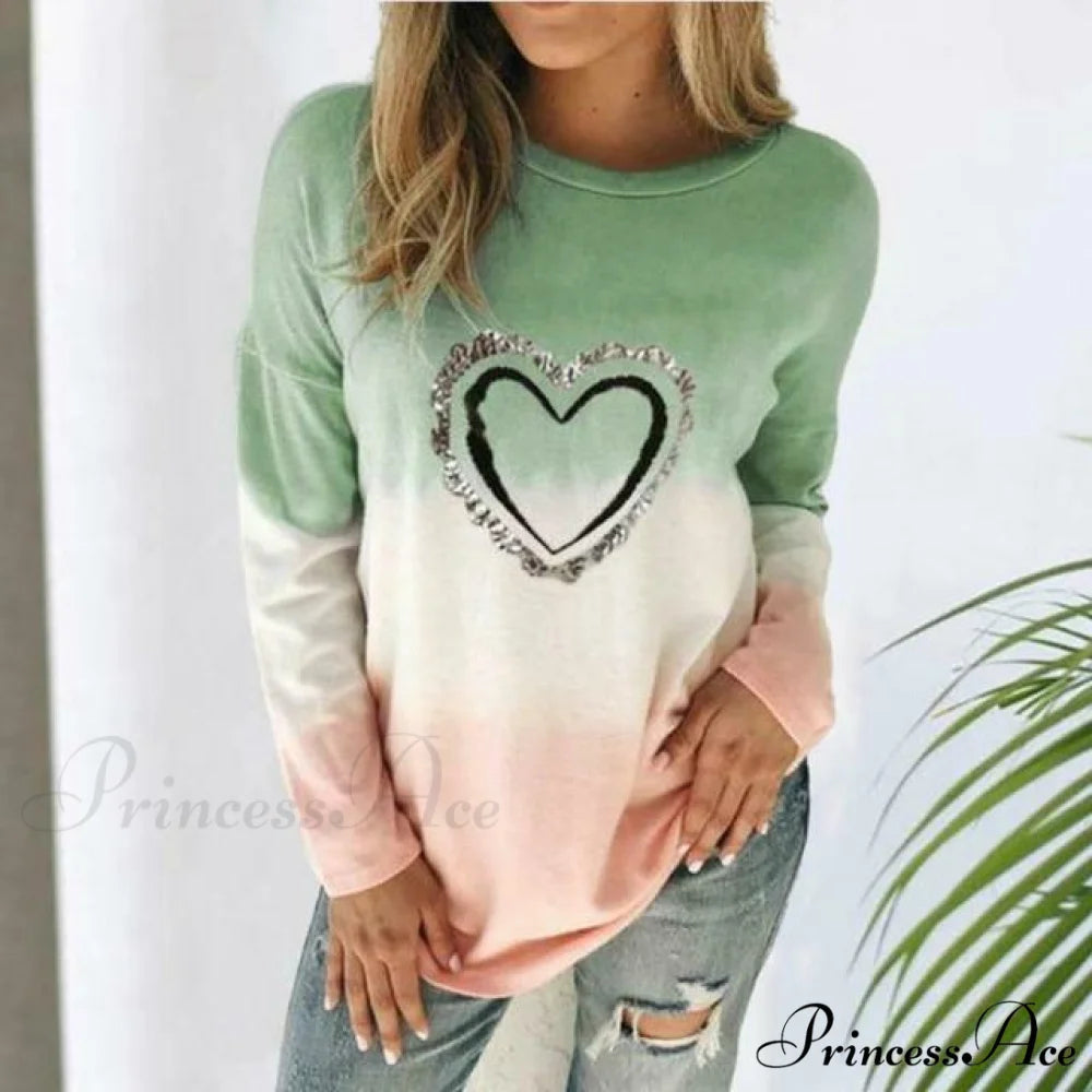 Casual T-Shirt with Heart Print Green / S