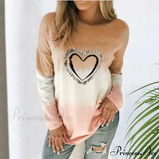Casual T-Shirt with Heart Print Khaki / S