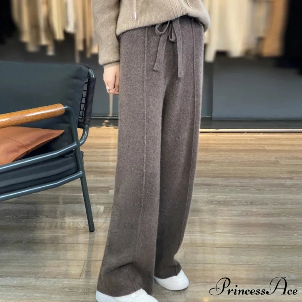 Casual Thick Knitted Elastic High Waist Loose Wide Leg Long Striped Pants Deep coffee / S