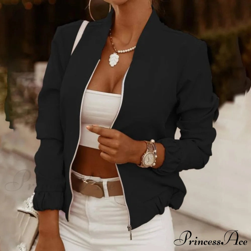 Casual Thin Vintage Print Ladies Coat Black / S