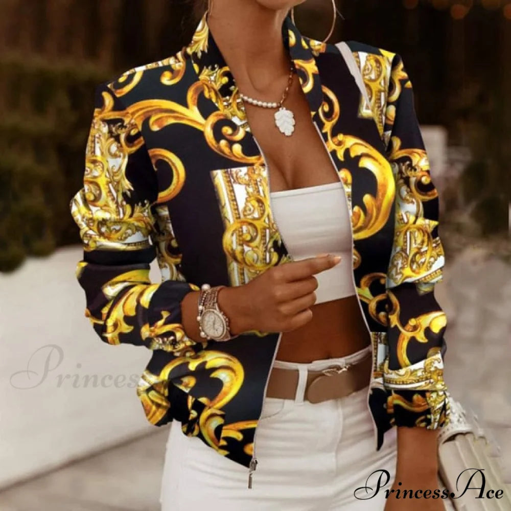 Casual Thin Vintage Print Ladies Coat Black yellow / S