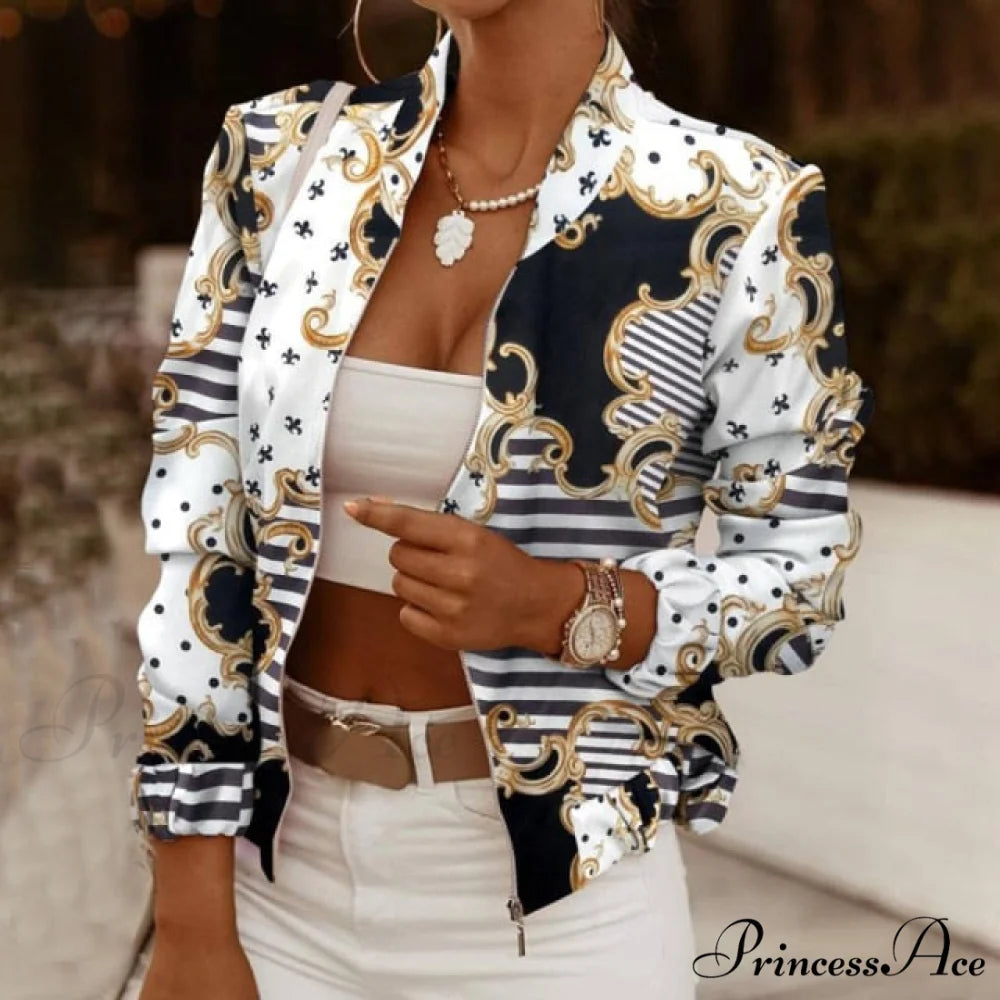Casual Thin Vintage Print Ladies Coat White black flower / S