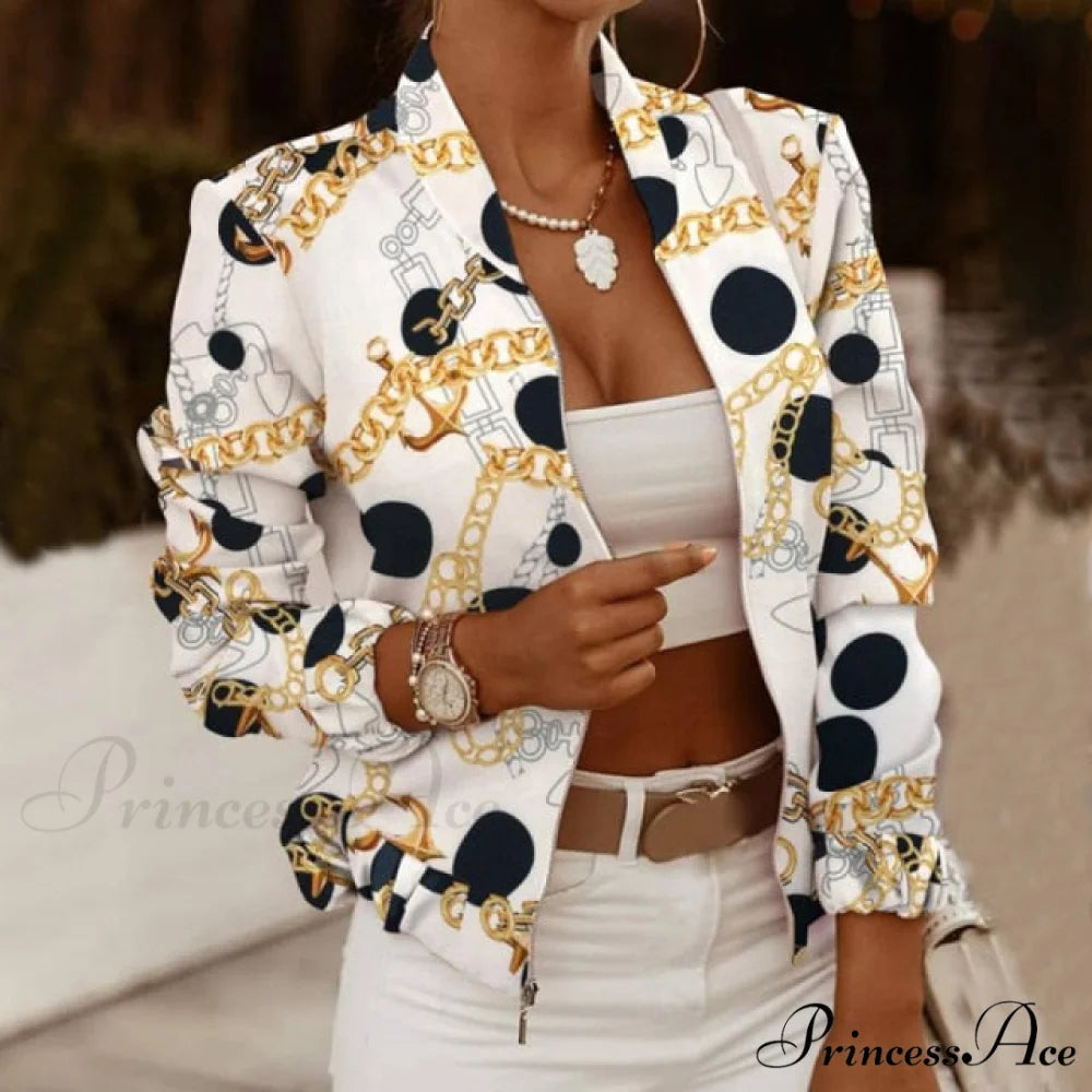 Casual Thin Vintage Print Ladies Coat White yellow chain / S